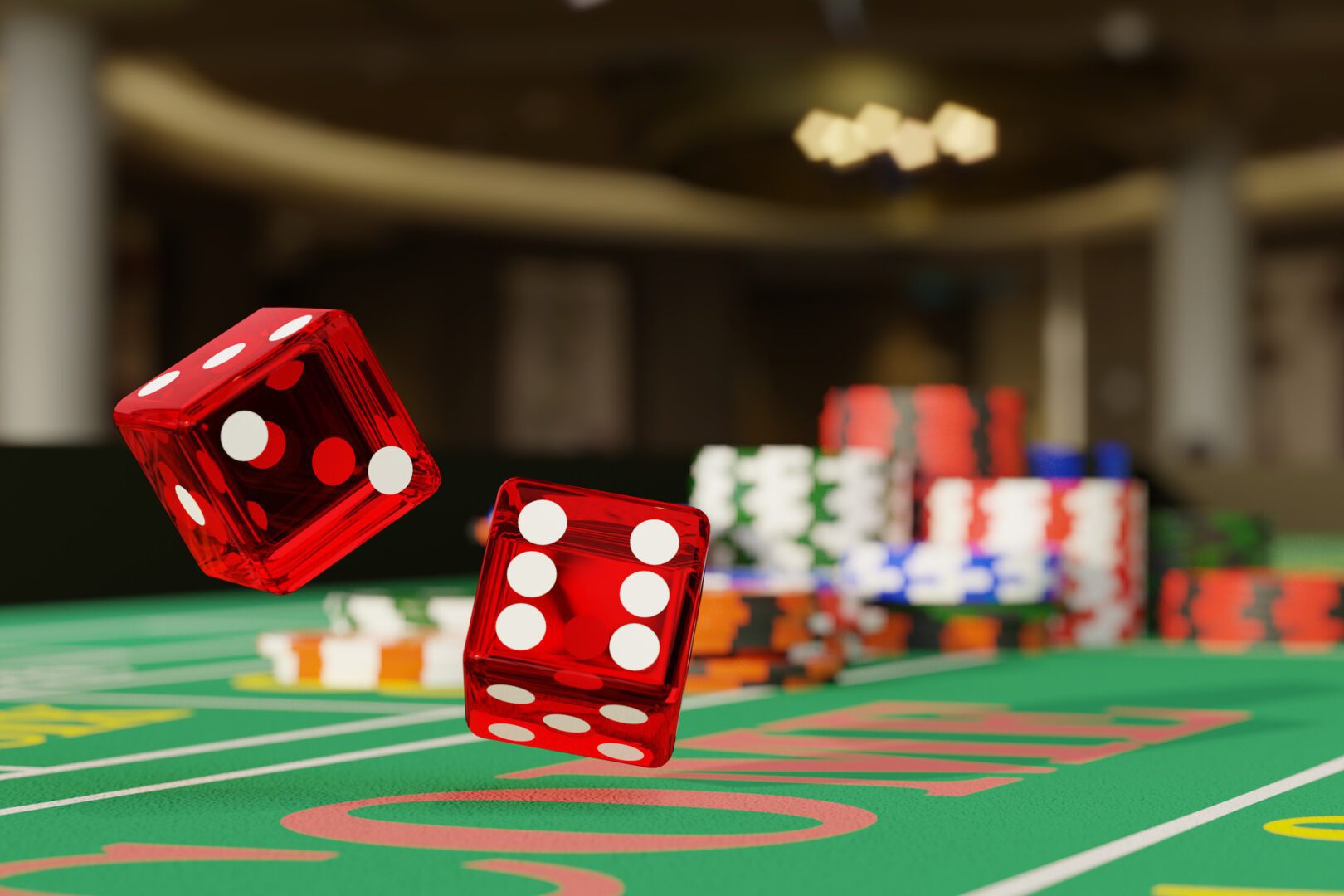 A red dice is on the table in front of some stacks.